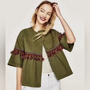 Zara Boho Jacket Olive Green Volume Sleeves with Red Fringes Tassels Size Xl